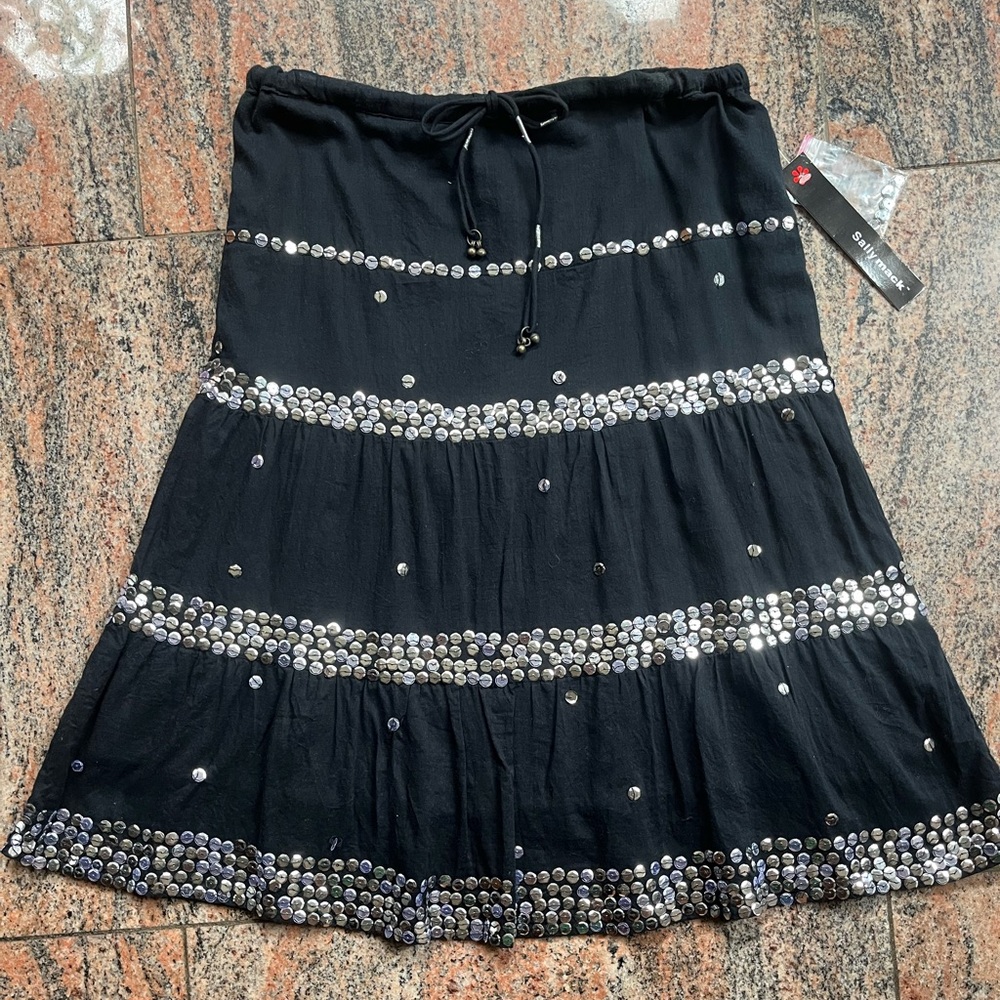 NWT Sally Mack Skirt girls sz L black silver sequins